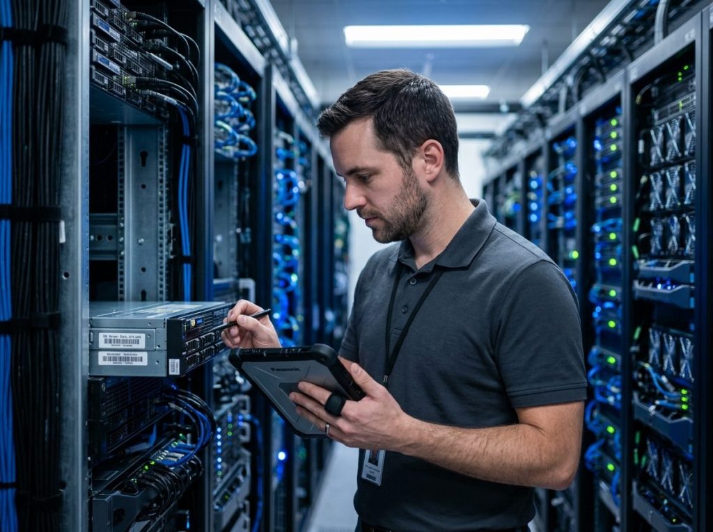 Data center server racks with ITAD asset management equipment for secure hardware decommissioning and inventory