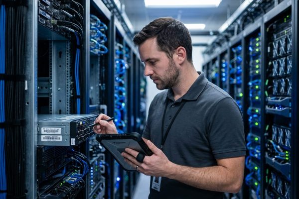 Data center server racks with ITAD asset management equipment for secure hardware decommissioning and inventory