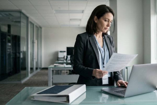 Healthcare compliance officer in business attire reviewing enforcement case printouts in a hospital administrator's office
