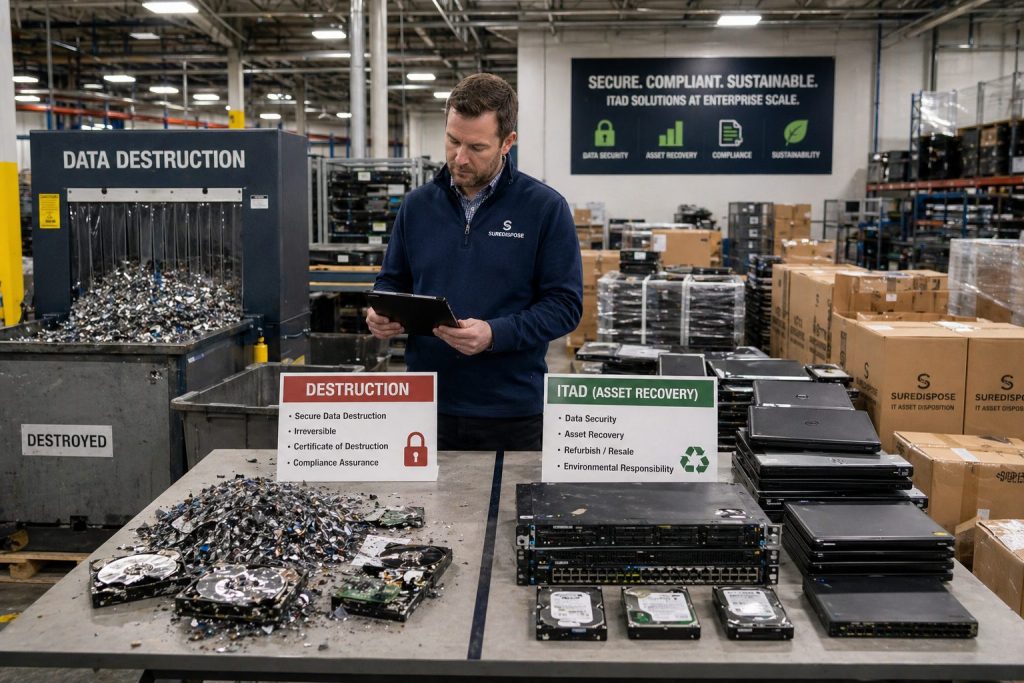 IT manager comparing asset destruction and full ITAD services for decommissioned laptops, hard drives, and servers.