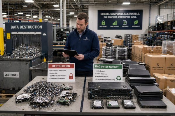 IT manager comparing asset destruction and full ITAD services for decommissioned laptops, hard drives, and servers.
