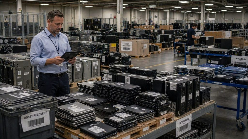 Enterprise ITAD manager reviewing decommissioned laptops, servers, and asset recovery inventory at scale.