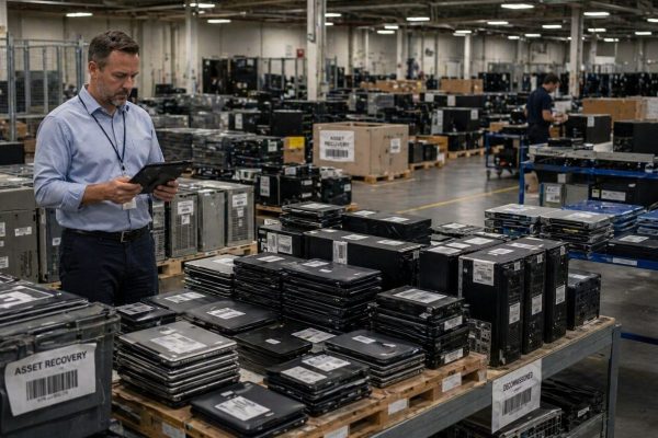 Enterprise ITAD manager reviewing decommissioned laptops, servers, and asset recovery inventory at scale.