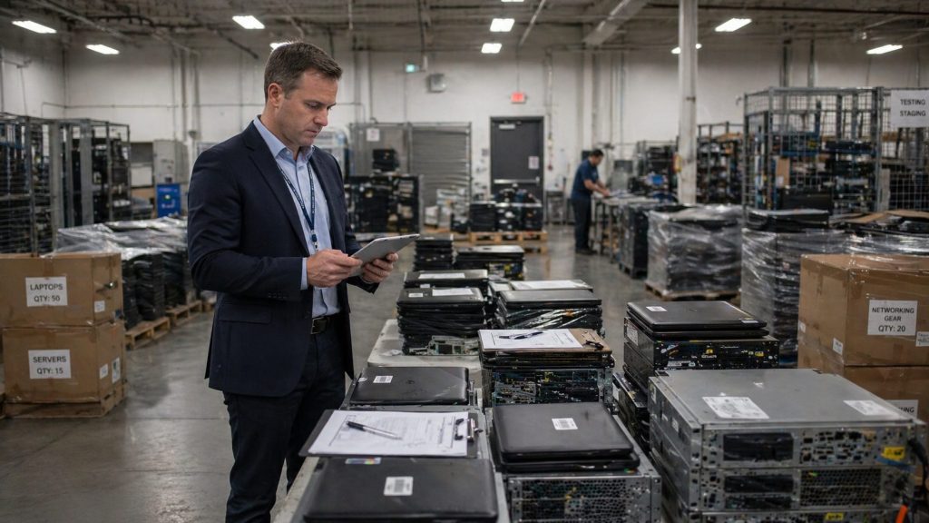 IT manager evaluating decommissioned laptops and servers while choosing a certified ITAD vendor.