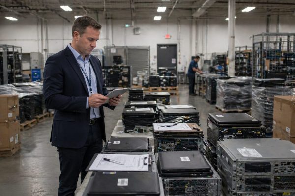 IT manager evaluating decommissioned laptops and servers while choosing a certified ITAD vendor.