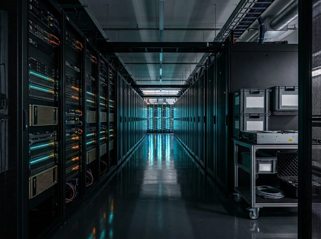 Colocation data center facility with multiple tenant cages showing ITAD decommissioning and shared infrastructure